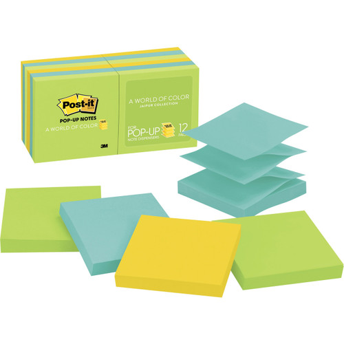 Post-it Pop-up Notes, 3"x 3", 12 Pads Pack, Jaipur Color Collection