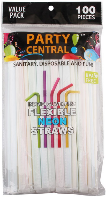 Individually Wrapped Flexible Neon Straws, 100 Count