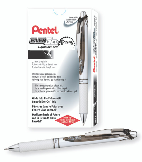 EnerGel Pearl Liquid Gel Pen, Retractable, Medium Point (0.7mm), White Barrel/Black Accents, Black Ink