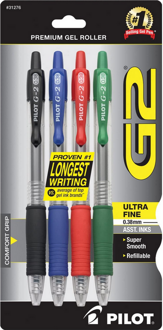 PIL31276 - G2 Gel Ink Rolling Ball Pens, Retractable, Ultra Fine Point (0.38mm), Assorted Colors, 4 Pens