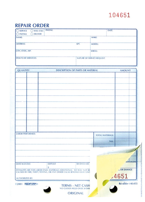 Repair Order Book, 3 Parts, 5-1/2