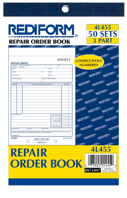 Repair Order Book, 3 Parts, 5-1/2" x 7-7/8"