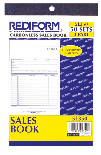 Sales Book, 3 Part, Carbonless, 5-1/2" x 7-7/8"