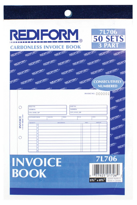 Invoice Book, 3 Part, Carbonless, 5-1/2" x 7-7/8"