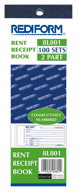Rent Receipt Book, 2 Part, Carbonless, 2-3/4" x 7"
