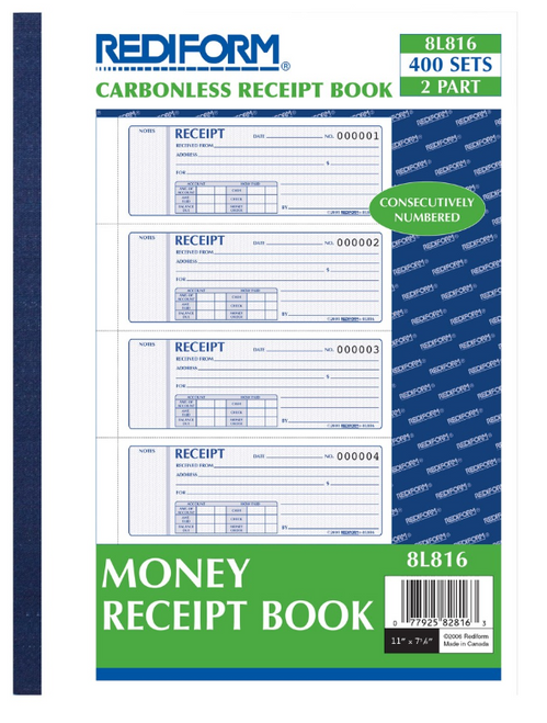 Money Receipt Book, 2-Part, Carbonless, 400 Sets