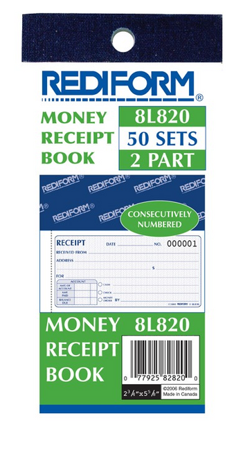 Money Receipt Book, 2 Part, Carbonless, 2-3/4" x 5"