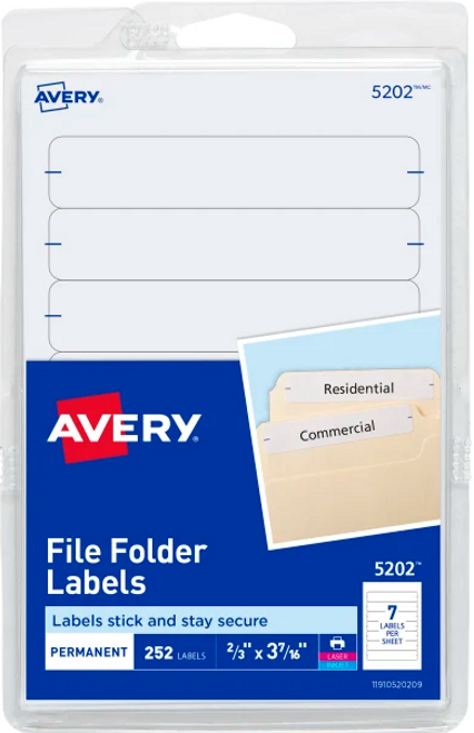 Easy Peel File Folder Labels, 2/3" x 3-7/16", White, Permanent, 252 Labels