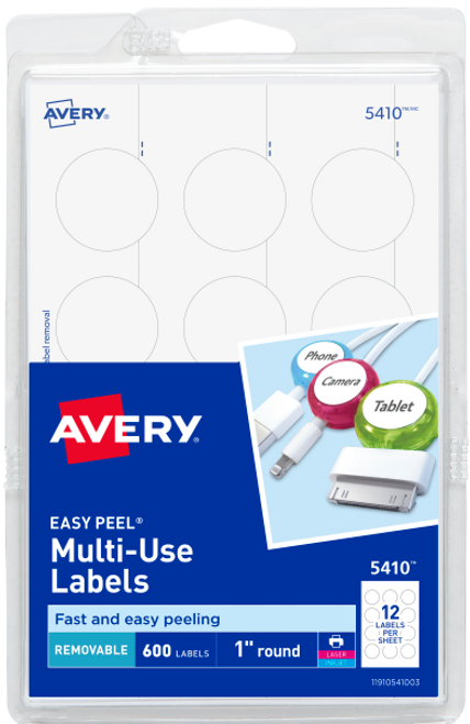 Multi-Use Labels, 1" Round, White, Removable, 600 Labels