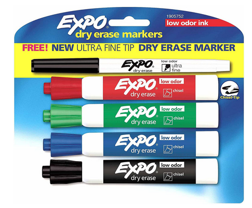 Low Odor Dry Erase Marker, Set of 4 Chisel Tip + One Ultra-Fine Tip