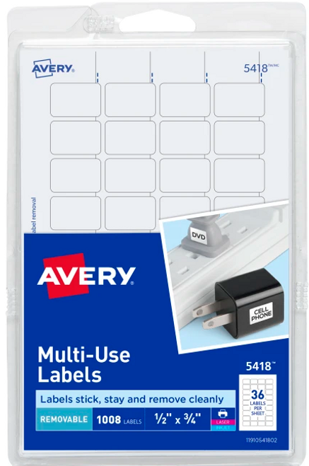 Multi-Use Labels, 1/2" x 3/4", White, Removable, 1008 Labels