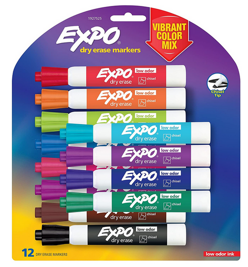 Low Odor Dry Erase Markers, Chisel Tip, Assorted Vibrant Colors, 12 Set