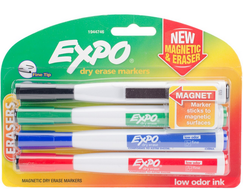 Low Odor Magnetic Dry Erase Marker w/ Eraser, Fine Tip, Assorted Markers, 4 Set