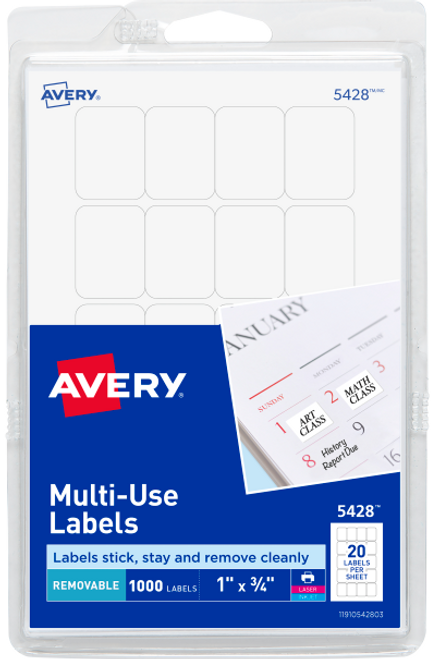 Multi-Use Labels, 1" x 3/4", White, Removable, 1000 Labels