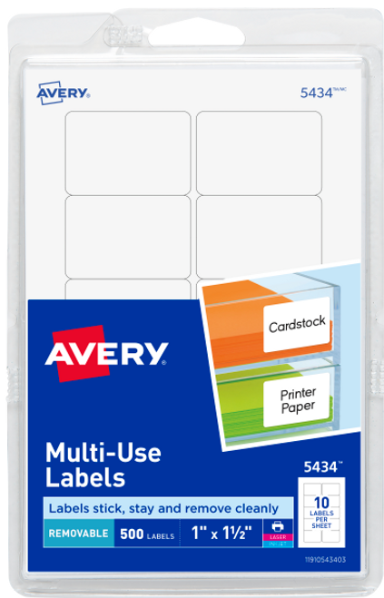 Multi-Use Labels, 1" x 1-1/2", White, Removable, 500 Labels