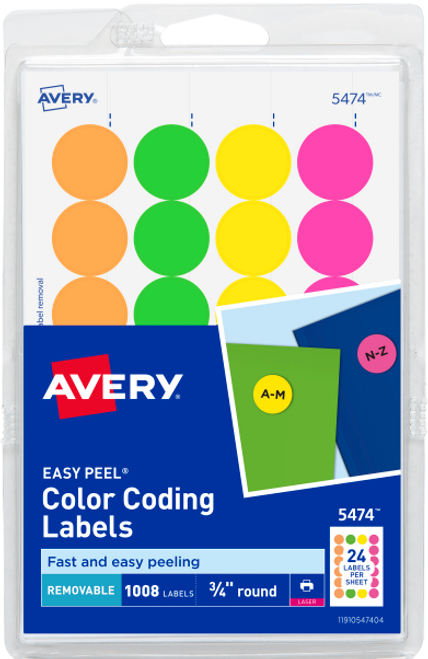 Easy Peel Color Coding Labels, 3/4" Round, Assorted Neon Colors, Removable, 1008 Labels