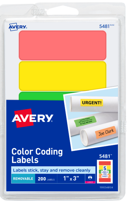 Color Coding Labels, 1" x 3", Assorted Neon Colors, Removable, 200 Labels