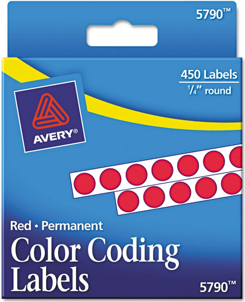 Color Coding Labels, 1/4" Round, Red, Permanent, 450 Labels