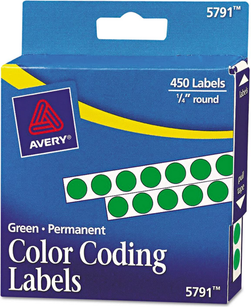 Color Coding Labels, 1/4" Round, Green, Permanent, 450 Labels