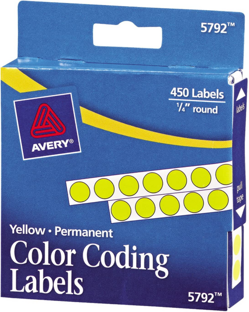 Color Coding Labels, 1/4" Round, Yellow, Permanent, 450 Labels