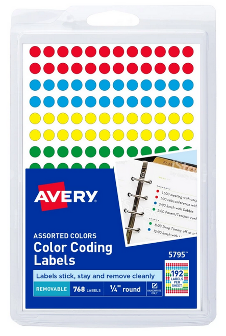 Color-Coding Labels, 1/4" Round, Assorted Colors, Removable, 768 Labels