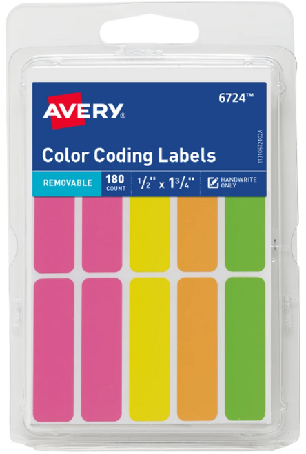 Color Coding Labels, 1/2" x 1-3/4", Assorted Neon Colors, Removable, 180 Labels