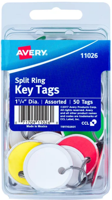 Metal Rim Key Tags, 1-1/4" Diameter, Assorted Colors, 50 Tags