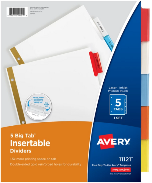 Big Tab Insertable Dividers, 8-1/2" x 11", Multicolor Tabs, White Paper, 5-Tab Set