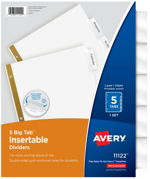 Big Tab Insertable Dividers, 8-1/2" x 11", Clear Tabs, White Paper, 5-Tab Set