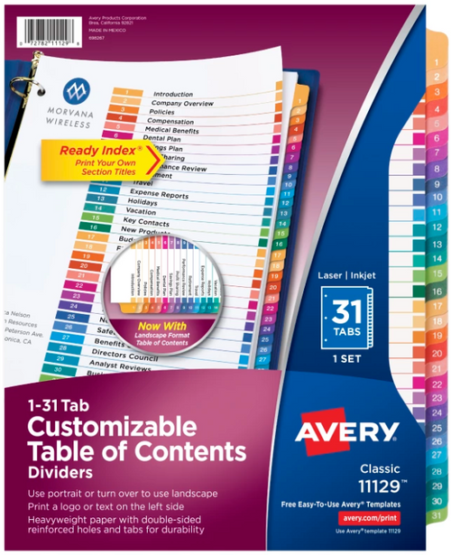 Ready Index Customizable Table of Contents Dividers, 8-1/2" x 11", 1-31 Multicolor Tabs, 31-Tab Set