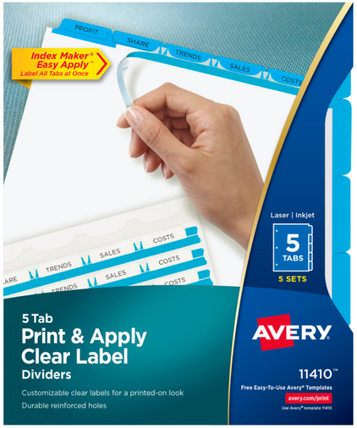 Print & Apply Clear Label Dividers, 8-1/2" x 11", 5 Blue Tabs, 5 Sets