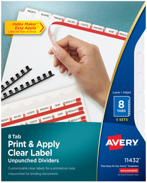 Print & Apply Clear Label Dividers,  8-1/2" x 11", 8 White Tabs, 5 Sets