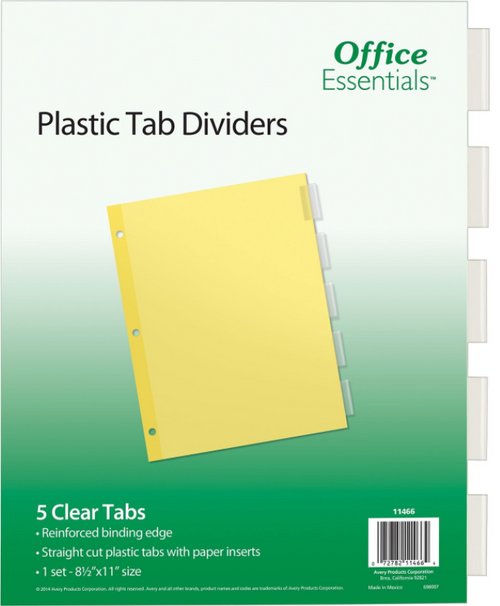 Office Essentials Plastic Tab Dividers, 8-1/2" x 11", 5 Clear Tabs, 5-Tab Set