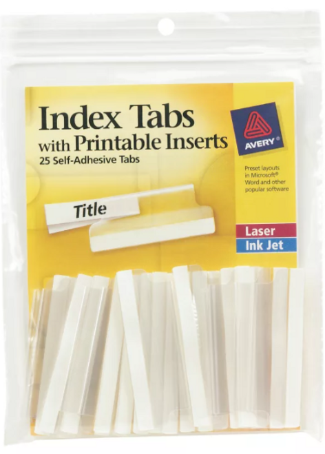 Insertable Tabs, 2", Clear, Self-Adhesive, Printable Inserts, 25 Tabs