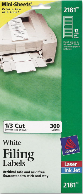 File Folder Labels, 2/3" x 3-7/16", White, Mini-Sheet, Permanent, 300 Labels