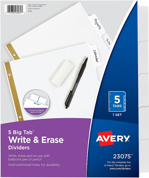 Big Tab Dividers, 8-1/2" x 11", White Tabs, Write & Erase, 5-Tab Set