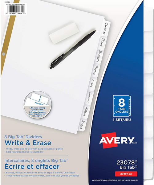 Big Tab Dividers, 8-1/2" x 11", White Tabs, Write & Erase, 8-Tab Set