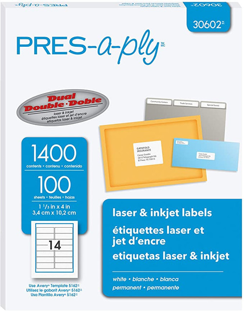 Pres-A-Ply Address Labels, 1-1/3" x 4", White, 1400 Labels