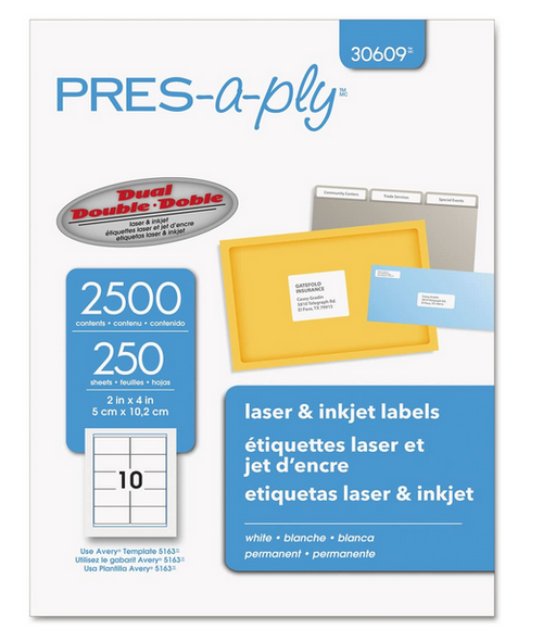 Pres-A-Ply Shipping Labels, 2" x 4", White, 2500 Labels