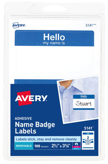 Name Badges, 2-1/3" x 3-3/8", "Hello My Name Is", Blue Border, Removable, 100 Badges