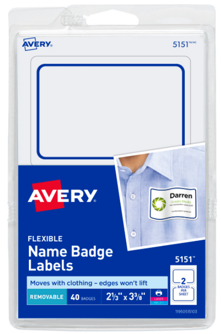 Name Badges, 2-1/3" x 3-3/8", Blue Border, Removable, 40 Badges