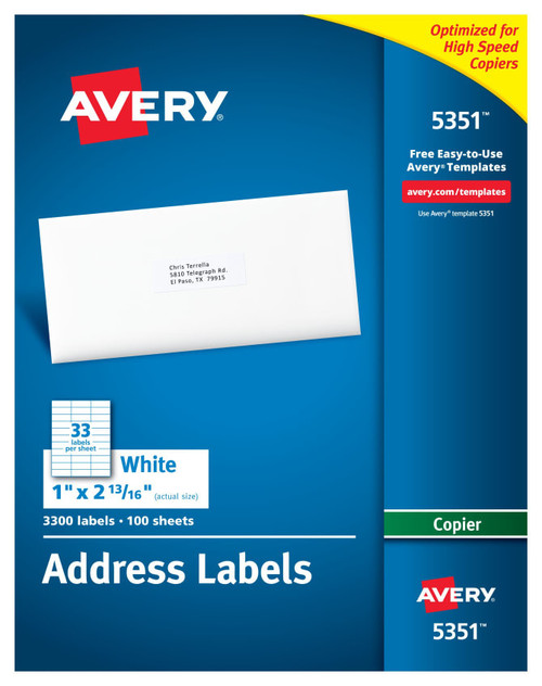 Address Labels, 1" x 2-13/16", White, Permanent, Copier, 3300 Labels