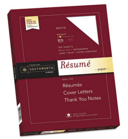 Cotton Resume Paper, 24 lb., 8-1/2"x11", 100 Sheets,  White