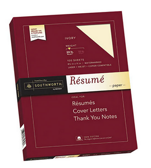 Cotton Resume Paper, 24 lb., 8-1/2"x11", 100 Sheets,    Ivory