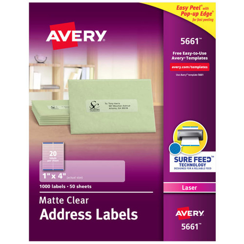 Address Labels, 1" x 4", Clear, Permanent, 1000 Labels