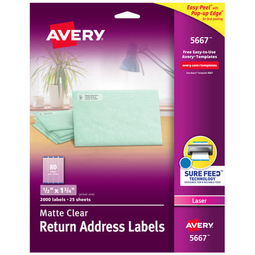 Return Address Labels, 1/2" x 1-3/4", Clear, Permanent, 2000 Labels