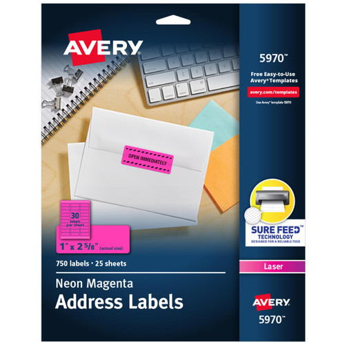 Address Labels, 1" x 2-5/8", Neon Magenta, Permanent, 750 Labels