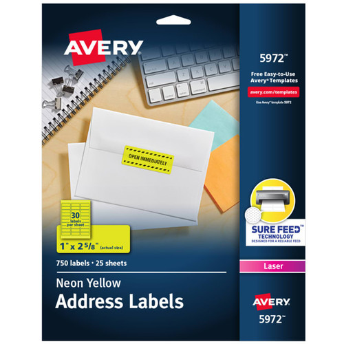 Address Labels, 1" x 2-5/8", Neon Yellow, Permanent, 750 Labels