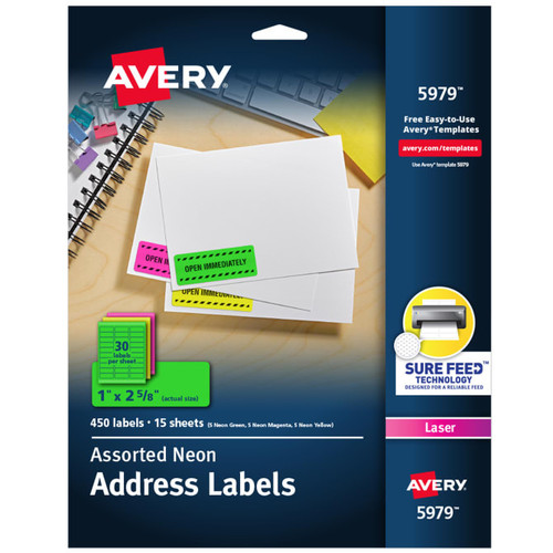 Address Labels, 1" x 2-5/8", Assorted Neon Colors, Permanent, 450 Labels