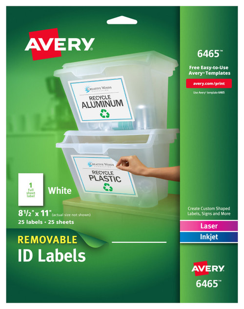 ID Labels, 8-1/2" x 11", White, Removable, 25 Labels